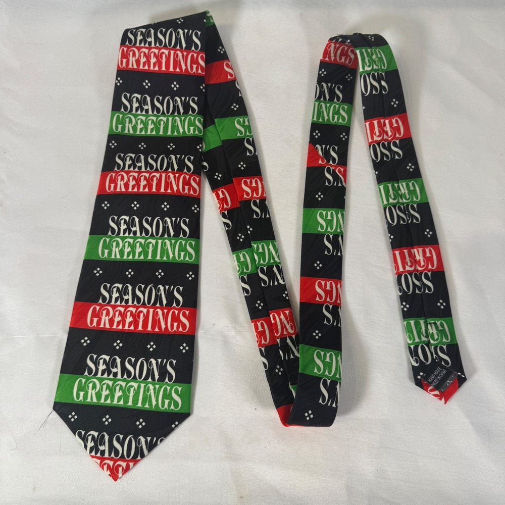 Keith Daniels Mens Seasons Greetings Holiday Tie Black Red Green Christmas Tie